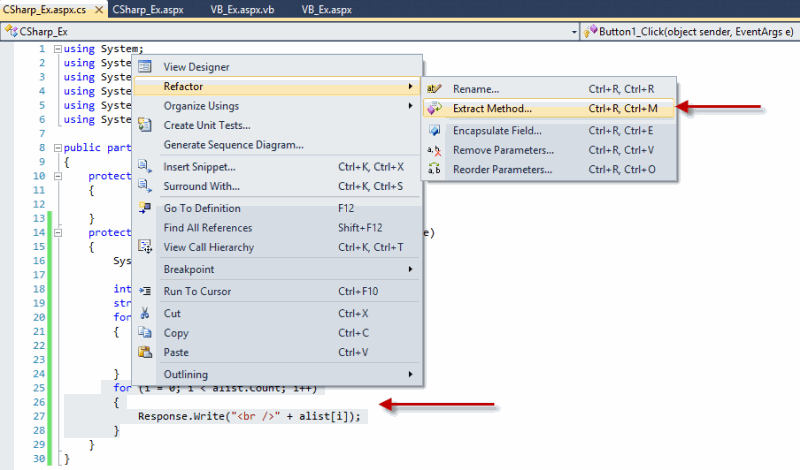 ایجاد یک متد جدید از روی کدهای موجود در ASP.Net C#
