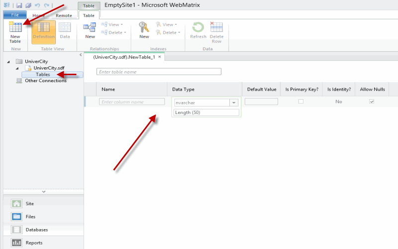 آموزش ایجاد یک چدول جدید در پابگاه  جدید SQL در نرم افزار WebMatrix و ASP.Net
