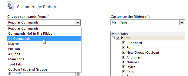 دستور All Commands در نوار ابزار Ribbon در Excel 2010